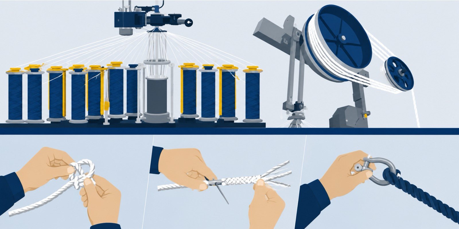 Selvyk's automated rope finishing — braiding and spooling machinery, and hand-finished knotting, splicing and termination.